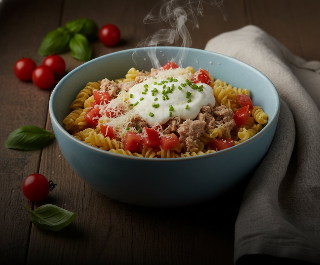 Finished tuna & yogurt fusilli pasta in a ceramic bowl