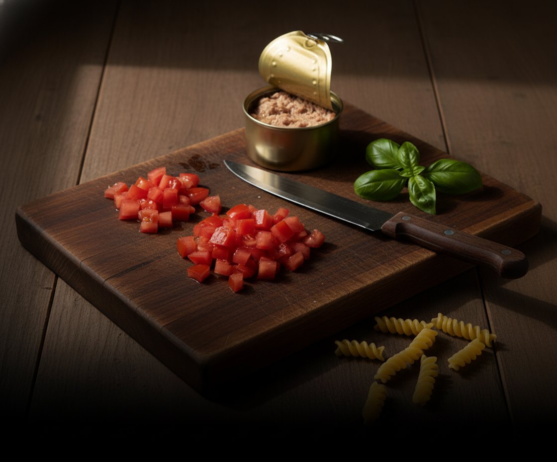 Prep step: diced tomatoes, canned tuna, basil and dry fusilli on a board
